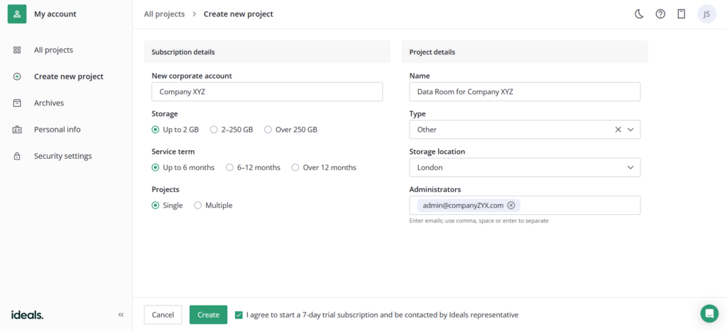 Setting up a virtual data room - Project naming