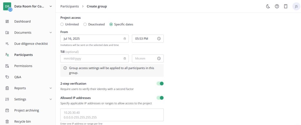 Setting up a virtual data room - Access duration