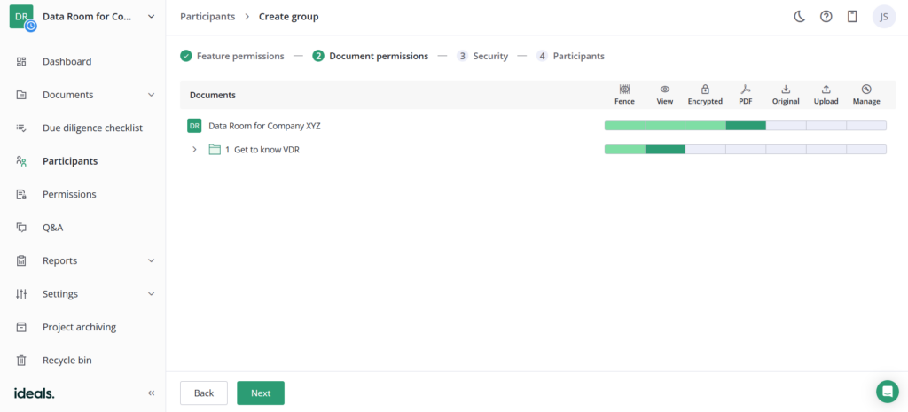 Setting up a virtual data room - Document permissions