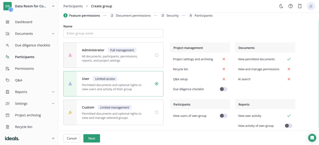 Setting up a virtual data room - User permissions