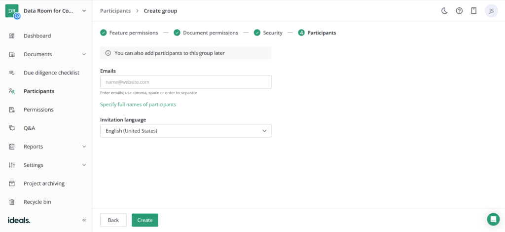 Setting up a virtual data room - Email and language selection